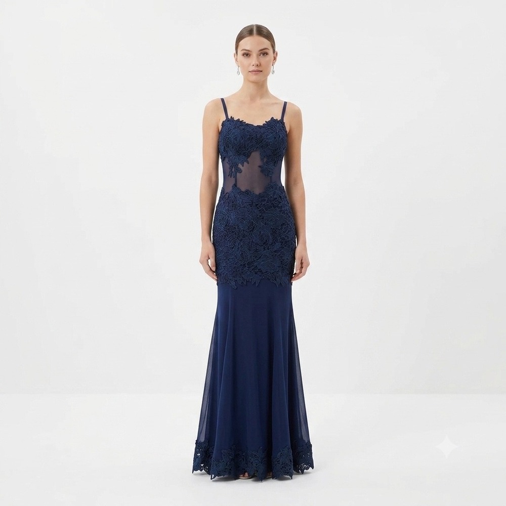 Alberto Makali Lace Mesh Gown Womens XS Navy Blue Floral Mermaid Evening Dress